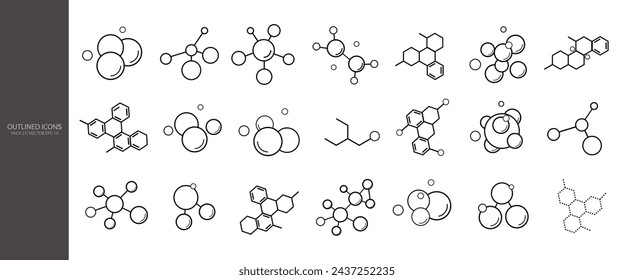 Eine Reihe von molekularen Modellen auf weißem Hintergrund. Eine Sammlung von Ikonen von Atomen, Molekülen und chemischen Strukturen. Vektor EPS 10.