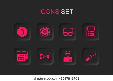 Set Molecule, Atom, Exam paper with incorrect answers, Teacher, Calculator, Fountain pen nib, Glasses and School timetable icon. Vector