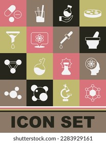 Set Molecule, Atom, Mortar and pestle, Test tube, Funnel filter, Medicine pill tablet and Pipette icon. Vector