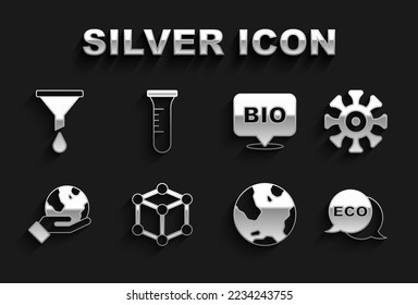 Set Molecule, Bacteria, Label for eco healthy food, Earth globe, Hand holding, Bio, Funnel filter and Test tube flask icon. Vector