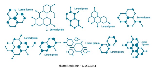 Set of molecule badge. Connected hexagonal molecule badge. Molecular structure. DNA connect diagram. Medical label or icons. Vector illustration.