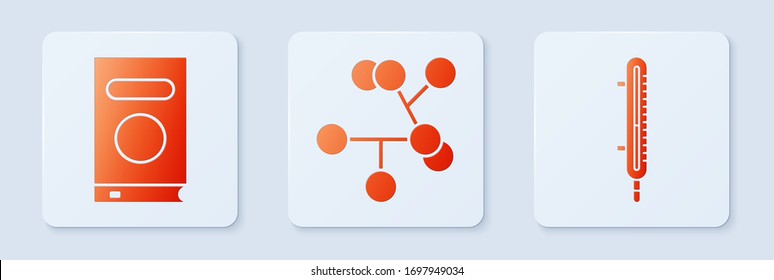 Fijar la medición del termómetro de molécula, libro y meteorología. Botón cuadrado blanco. Vector
