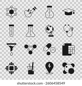 Set Molecule, Calculator, Stethoscope, Test tube,  and Earth globe icon. Vector