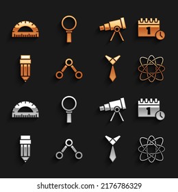 Set Molecule, Calendar first september date, Atom, Tie, Pencil with eraser, Telescope, Protractor and Magnifying glass icon. Vector