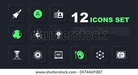 Set Molecule, Certificate template, Trigonometric circle, Paint brush with palette, Earth globe, Atom, Exam sheet plus grade and Laptop icon. Vector