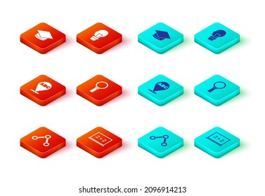 Set Molecule, Chalkboard, Alphabet, Magnifying glass, Light bulb with concept of idea and Graduation cap icon. Vector
