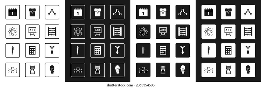 Set Molecule, Chalkboard, Atom, Calendar first september date, Abacus, School backpack, Tie and Pen icon. Vector