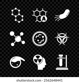 Set Molecule, Chemical formula, Bacteria, Test tube and flask chemical, Human head radiation, stand,  and  icon. Vector