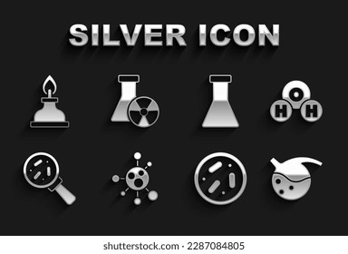 Set Molecule, Chemical formula for H2O, Test tube and flask, Petri dish with bacteria, Microorganisms under magnifier, Alcohol spirit burner and radiation icon. Vector