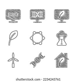 Set Molecule, DNA symbol, Eco friendly house, Chemical explosion, Wind turbine, Leaf or leaves, Location with leaf and Bio healthy food icon. Vector