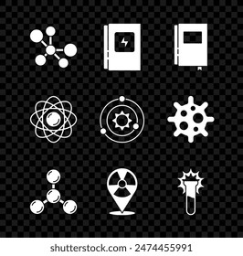 Set Molecule, Electrical panel, Book, Radioactive in location, Test tube and flask, Atom and Solar system icon. Vector