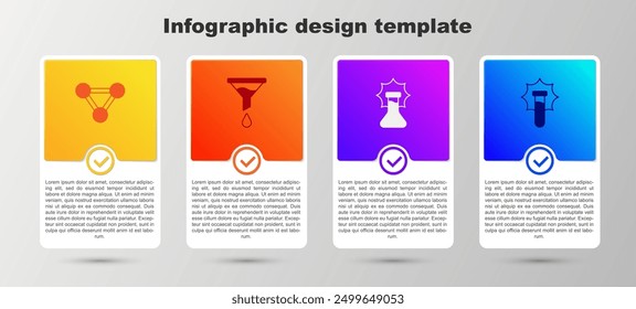 Set Molecule, Funnel or filter, Explosion in the flask and . Business infographic template. Vector