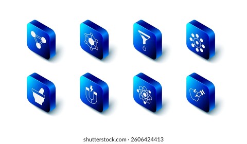 Set Molecule, Funnel or filter, Virus, Genetically modified apple, Atom, Magnet, Mortar and pestle and  icon. Vector