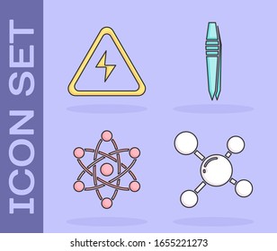Set Molecule, High voltage sign, Atom and Tweezers icon. Vector