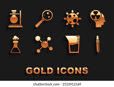 Set Molecule, Human head and a radiation, Tweezers, Laboratory glassware or beaker, Test tube flask chemical, Bacteria, stand and Microorganisms under magnifier icon. Vector