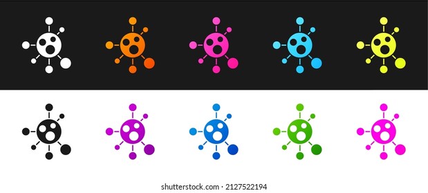 Ajuste el icono de molécula aislado en fondo blanco y negro. Estructura de moléculas en la química, profesores de ciencias afiche educativo innovador.  Vector