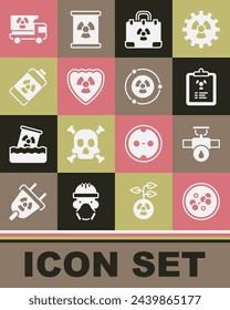 Set Molecule, Industry pipe and valve, Radiation warning document, nuclear suitcase, Radioactive shield, Nuclear energy battery, Truck with radiation materials and  icon. Vector