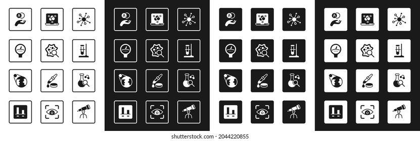 Set Molecule, Microorganisms under magnifier, Gauge scale, Atom, Test tube flask on stand, Chemical formula,  and Earth globe icon. Vector