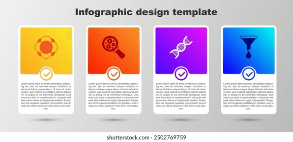 Set Molecule, Microorganisms under magnifier, DNA symbol and Funnel filter. Business infographic template. Vector