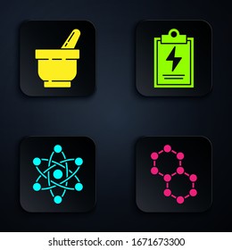 Fijar molécula, mortero y almirez, Atom y portapapeles de laboratorio con lista de verificación. Botón cuadrado negro. Vector