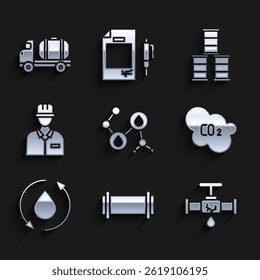 Set Molecule oil, Industry pipe, Broken with leaking water, CO2 emissions cloud, Oil drop, Oilman, Barrel and Tanker truck icon. Vector