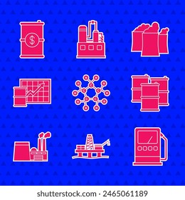 Set Molecule oil, Oil platform in the sea, Petrol gas station, Barrel, industrial factory building, price increase,  and with dollar icon. Vector