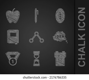 Set Molecule, Old hourglass with sand, School backpack, Idea, speech bubble, Medal, Book, American Football ball and Apple icon. Vector