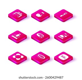 Set Molecule, Petri dish with bacteria, Microscope, Test tube toxic liquid, Sulfur dioxide SO2, flask on stand,  and  icon. Vector