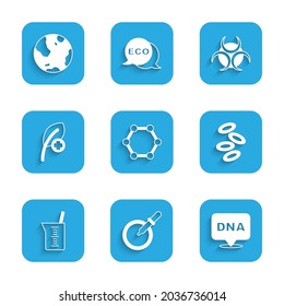 Set Molecule, Petri dish with pipette, DNA symbol, Hemoglobin, Laboratory glassware or beaker, Leaf leaves, Biohazard and Earth globe icon. Vector