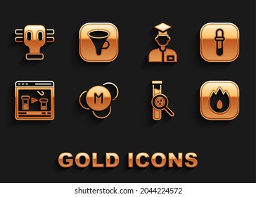 Set Molecule, Pipette, Fire flame, Test tube and flask, Chemical online, Laboratory assistant, Gas mask and Funnel filter icon. Vector