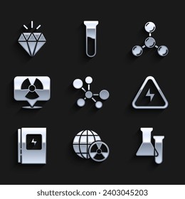Set Molecule, Planet earth and radiation, Test tube flask, High voltage, Electrical panel, Radioactive in location,  and Diamond icon. Vector