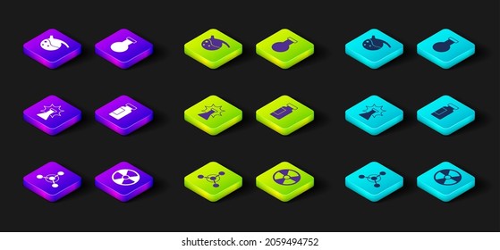 Set Molecule, Radioactive, Chemical explosion, Test tube and flask,  and  icon. Vector