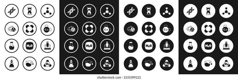 Set Molecule, Radioactive, DNA symbol, Mineral Ca Calcium, Old hourglass, Microscope and Test tube icon. Vector