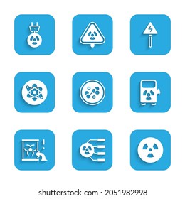 Set Molecule, Radioactive, Electric car charging station, waste barrel, Atom, High voltage sign and Radiation electrical plug icon. Vector