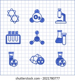 Set Molecule, Radioactive, Test tube with toxic liquid, Microscope and  icon. Vector