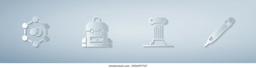 Set Molécula, Mochila escolar, Pilar de ley y Lápiz con borrador. Estilo de arte de papel. Vector