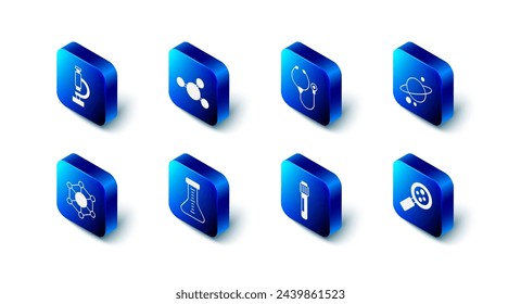 Set Molecule, Stethoscope, Planet Saturn, Microorganisms under magnifier, Test tube,  and Microscope icon. Vector