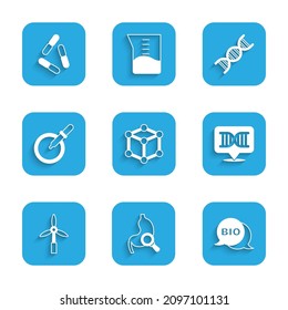 Set Molecule, Stomach with magnifying glass, Bio healthy food, DNA symbol, Wind turbine, Petri dish pipette,  and Virus icon. Vector