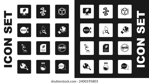 Set Molecule, Stomach with magnifying glass, Bio healthy food, Location leaf, Hand holding Earth globe, Hemoglobin, No GMO and Microscope icon. Vector