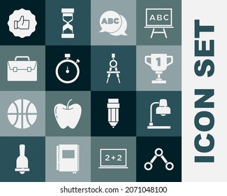 Set Molecule, Table lamp, Award cup, Alphabet, Stopwatch, Briefcase, Hand thumb and Drawing compass icon. Vector