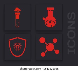 Fije la molécula, el tubo de ensayo y la sustancia del matraz, el tubo de ensayo y la sustancia del matraz y el símbolo Biohazard en el icono del escudo. Vector