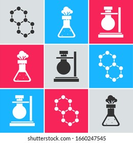 Set Molecule, Test tube and flask chemical and Test tube flask on stand icon. Vector