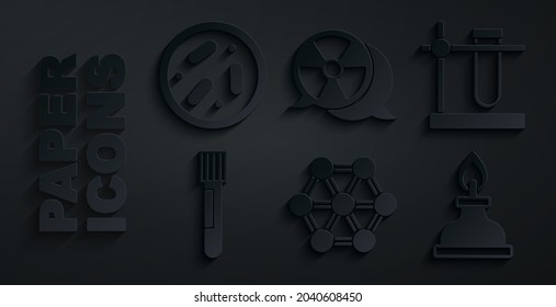 Set Molecule, Test tube flask on stand, Alcohol or spirit burner, Radioactive and Petri dish with bacteria icon. Vector