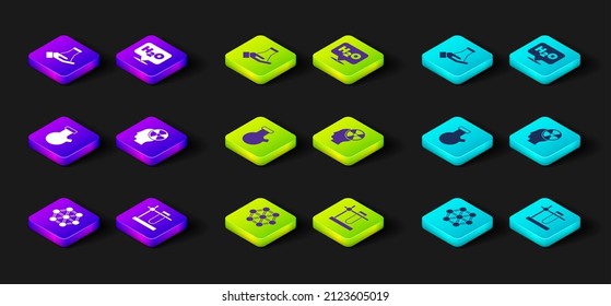 Set Molecule, Test tube flask on stand, Head radiation symbol, Chemical formula for H2O and  icon. Vector