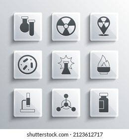 Set Molecule, Test tube and flask, Alcohol or spirit burner, Chemical explosion, Microscope, Petri dish with bacteria,  and Radioactive in location icon. Vector