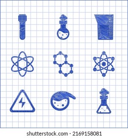 Fijar la molécula, el tubo de ensayo y la sustancia del matraz, el átomo, la señal de alta tensión, el vidrio de laboratorio o el vaso de precipitado y el icono. Vector
