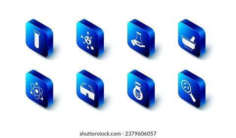 Set Molecule, Test tube and flask, Mortar pestle, Microorganisms under magnifier, Poison in bottle, Safety goggle glasses, Atom and  icon. Vector