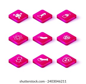 Set Molecule, Test tube and flask chemical, Atom, Bacteria, Radioactive in shield, Biohazard symbol, Laboratory wash bottle and  icon. Vector