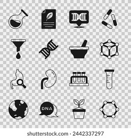 Set Molecule, Test tube and flask, DNA symbol, Funnel or filter,  and Mortar pestle icon. Vector