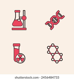 Set Molecule, Test tube flask on stand, DNA symbol and with toxic liquid icon. Vector